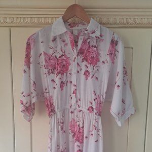H&M white pink floral shirt dress dolman sleeve flowy skirt Size 4